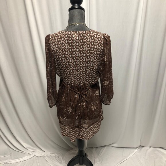 Charlotte Russe Top Womens Size Medium Brown Pink Sheer VNeck Boho Peasant Shirt - Picture 4 of 6